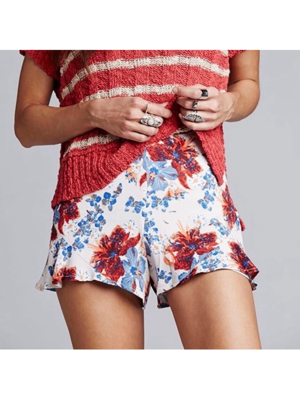 Free People White Floral High-Waist Ruffle Hem Shorts